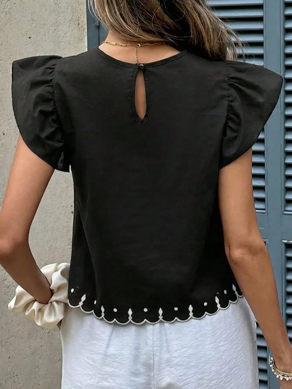 Black Casual Women's Ruffle Armhole Embroidered Shell Trim Loose Blouse Top